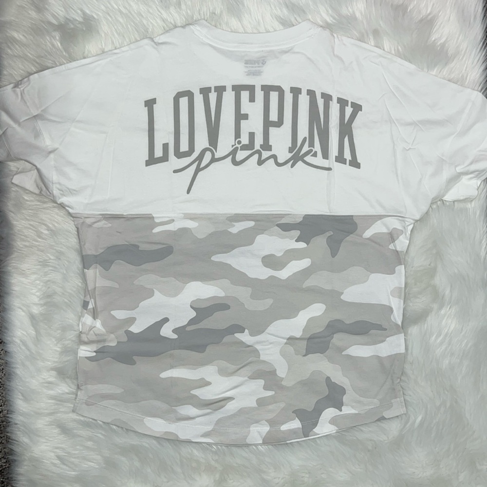 🆕 PINK Varsity Crew white CAMO oversized tee SMALL